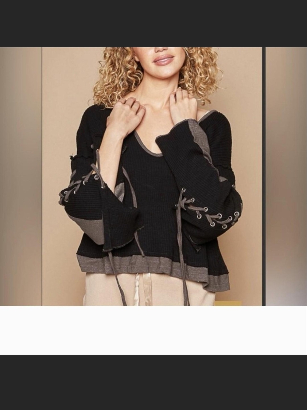 POL Black and Taupe V-Neck Lace-Up Sleeve Sweater